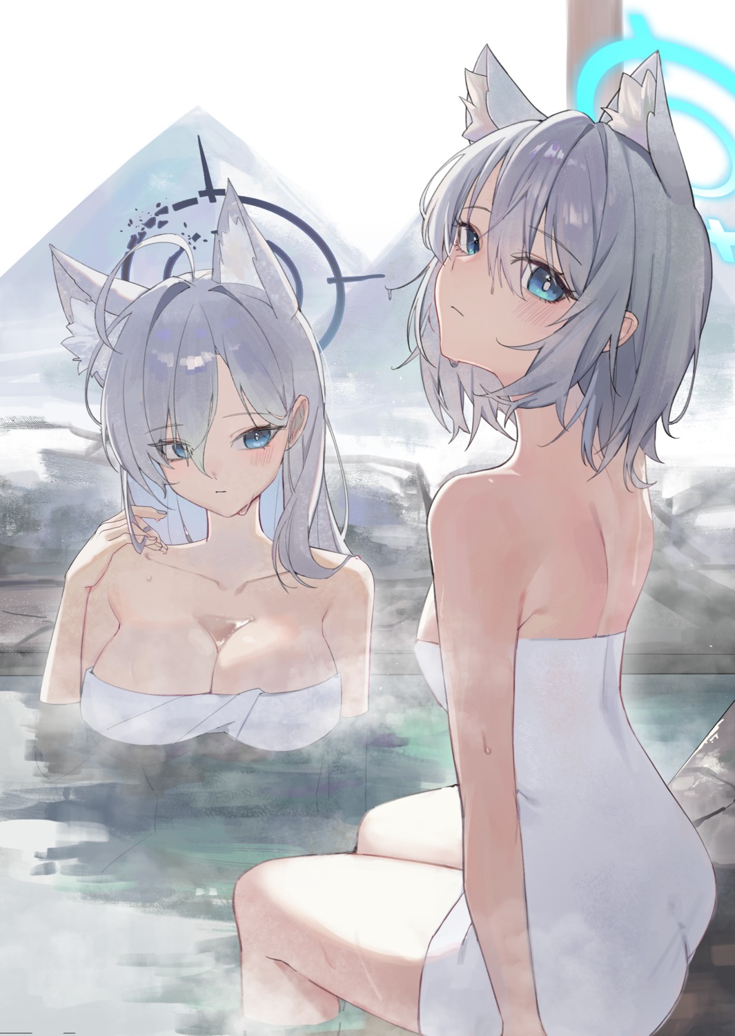 animal_ears ass bathing blue_archive halo may.l nekomimi onsen shiroko_terror sunaookami_shiroko towel wet