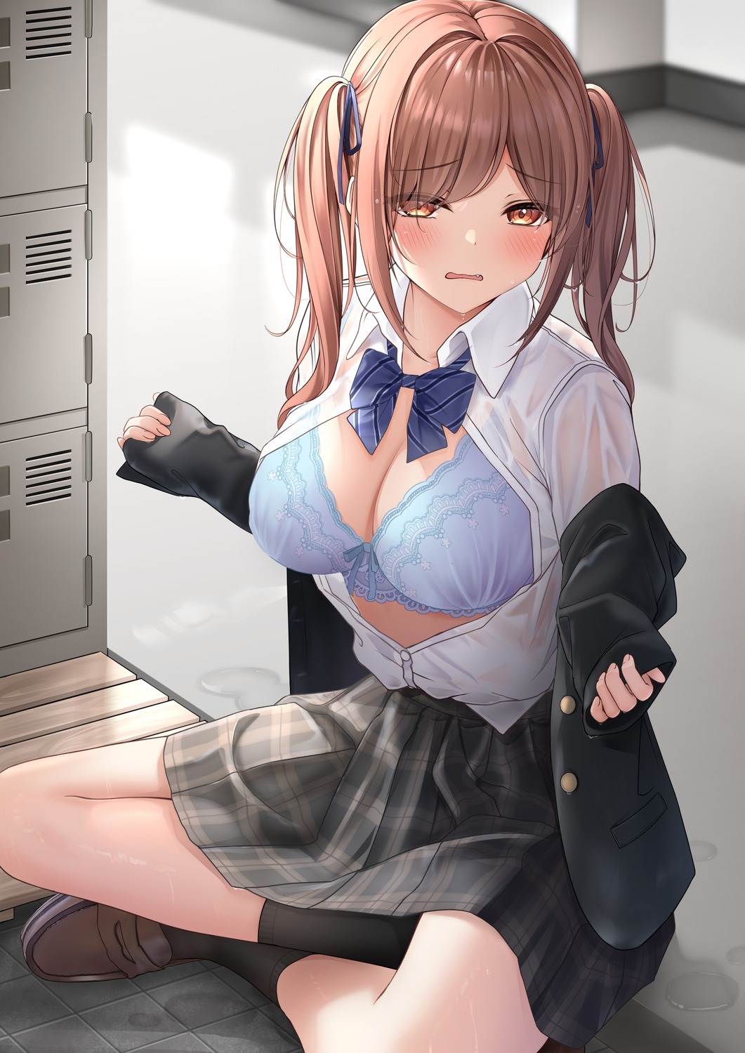 bra cleavage monaka_curl open_shirt see_through seifuku wet_clothes