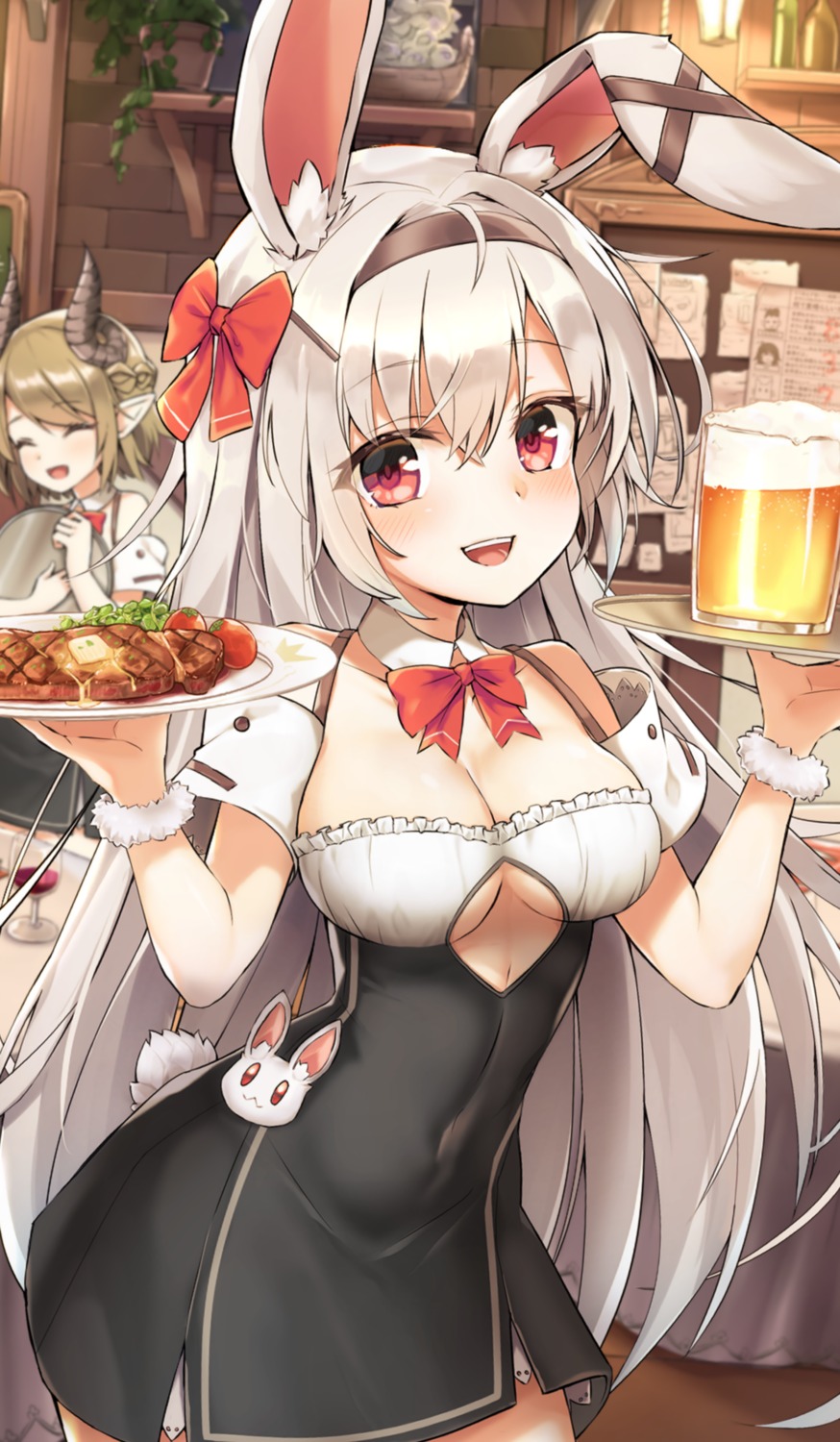 animal_ears bunny_ears horns no_bra pointy_ears rigorigo tail waitress