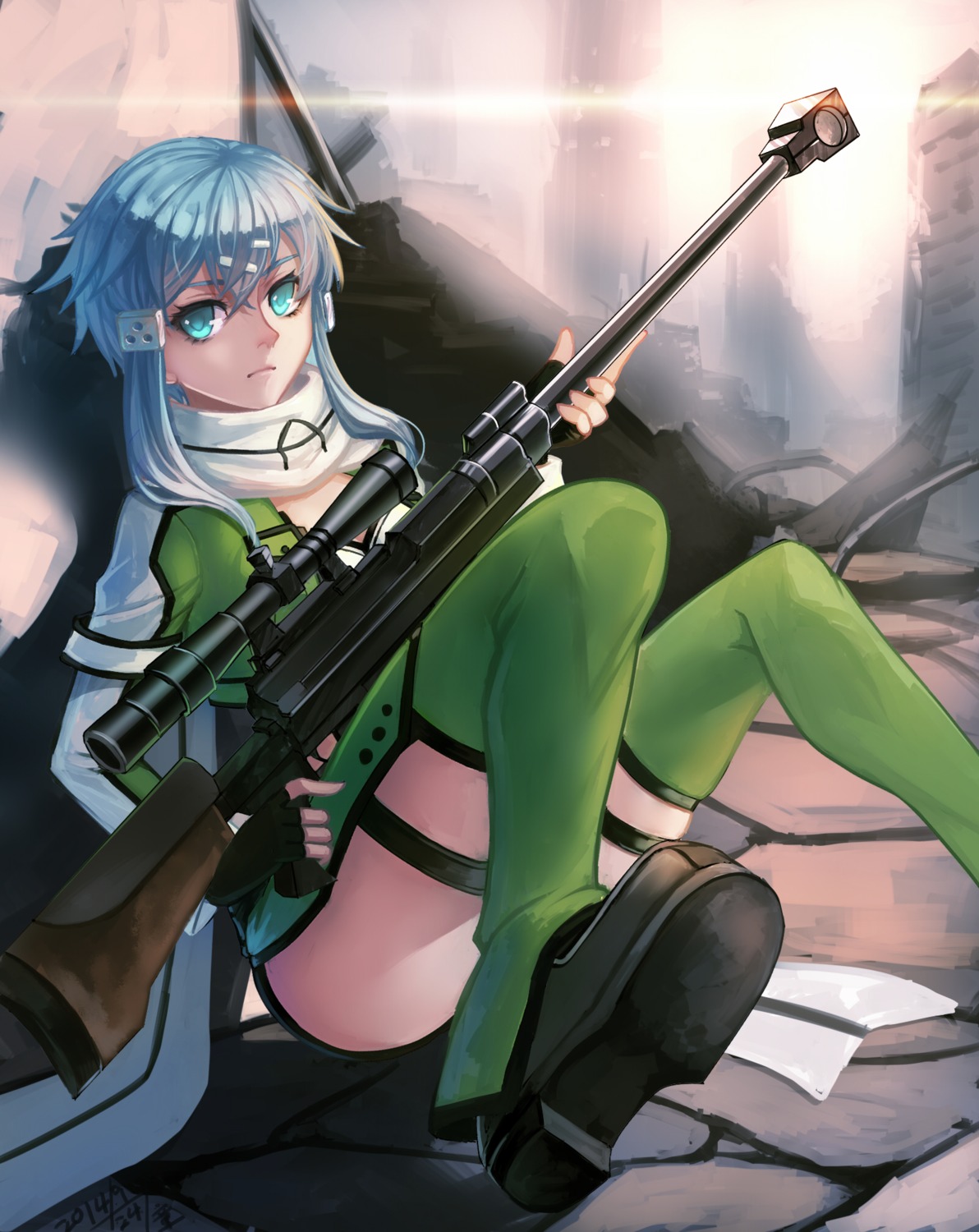 douyougen garter gun gun_gale_online sinon sword_art_online thighhighs