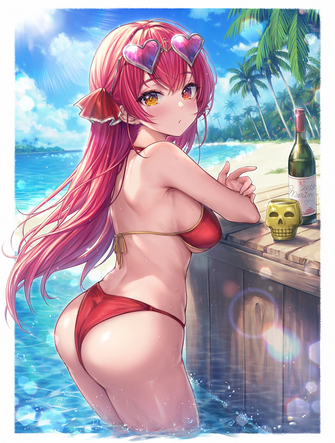 artist_revision ass bikini heterochromia hololive houshou_marine megane mirukurim swimsuits thong wet