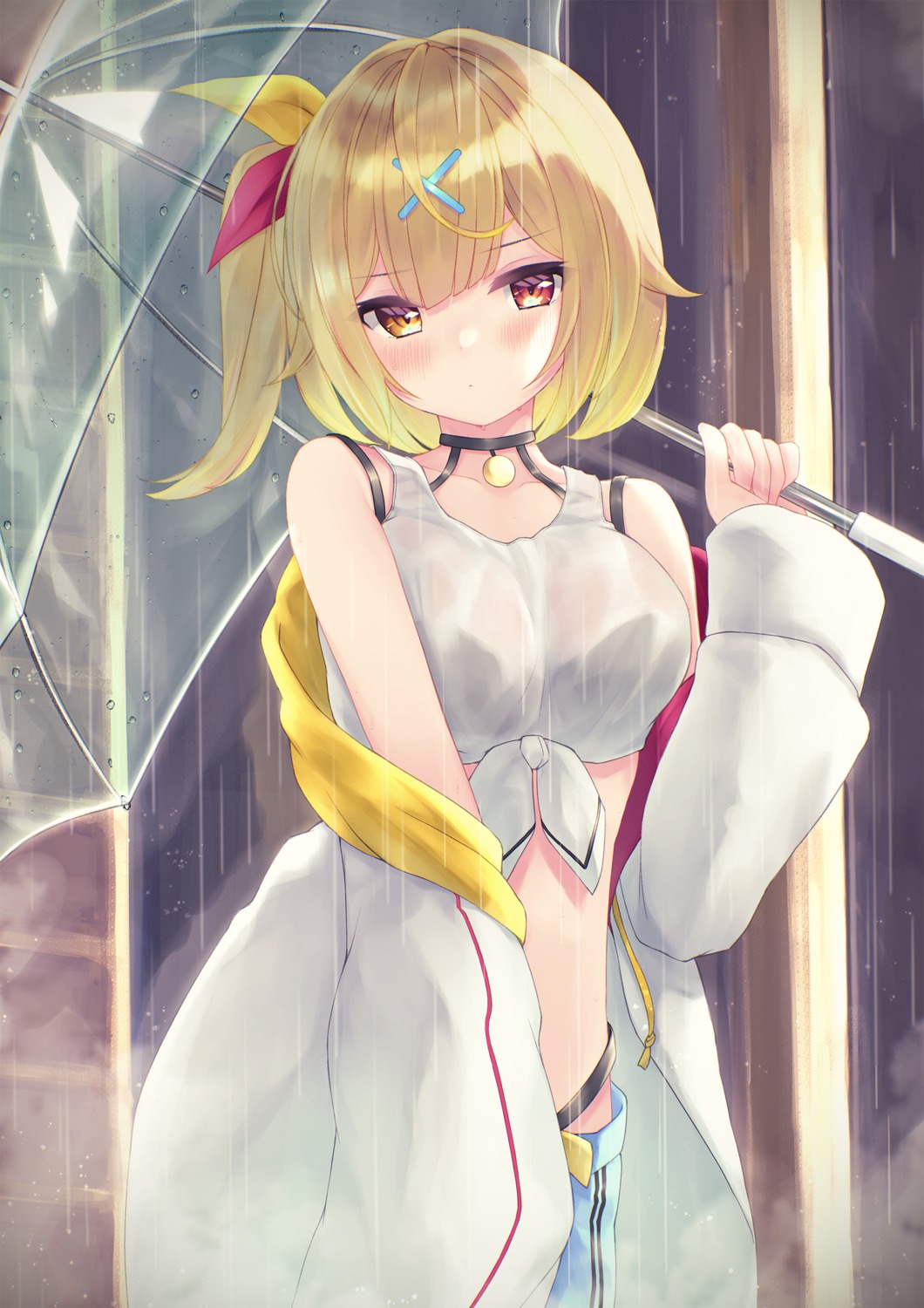 bra heterochromia hoshikawa_sara nijisanji pantsu rupe_paperu see_through umbrella wet_clothes