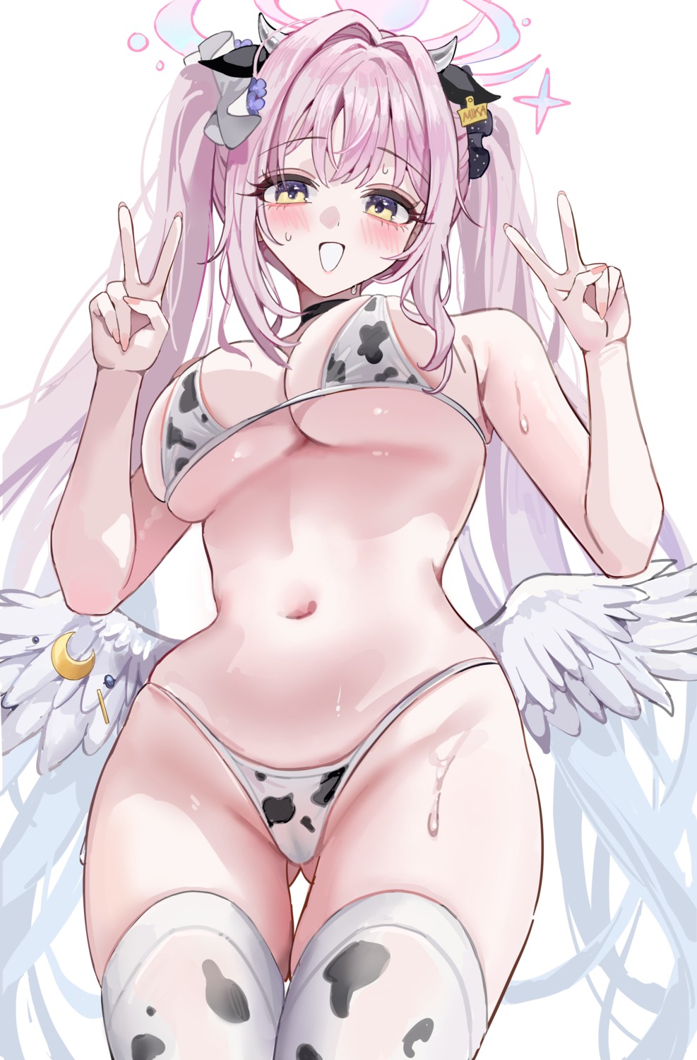 angel animal_ears bikini blue_archive cameltoe horns mell_(dmwe3537) misono_mika swimsuits thighhighs thong wings