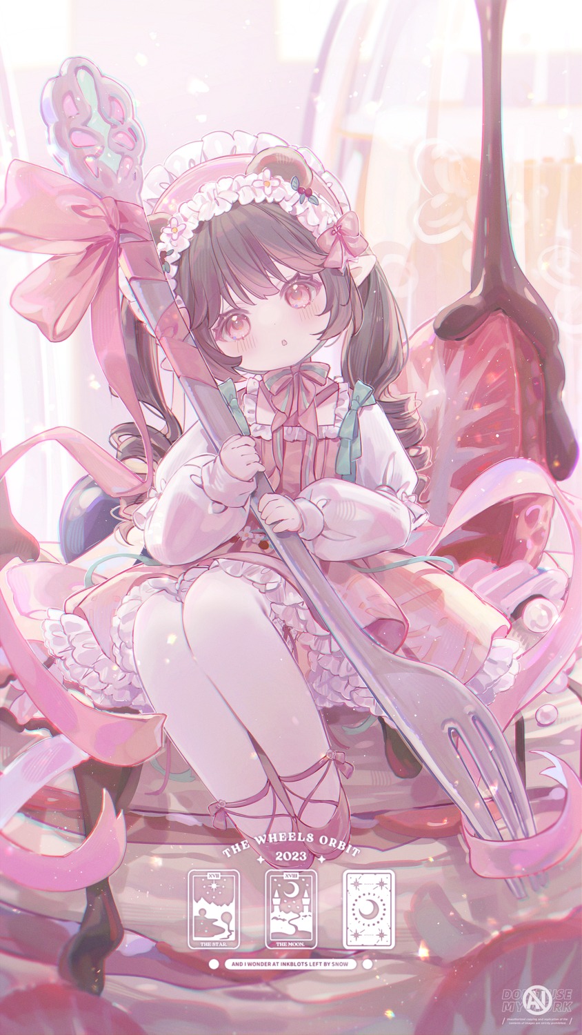 animal_ears dress garter lolita_fashion pointy_ears skirt_lift thighhighs umehara_sei watermark