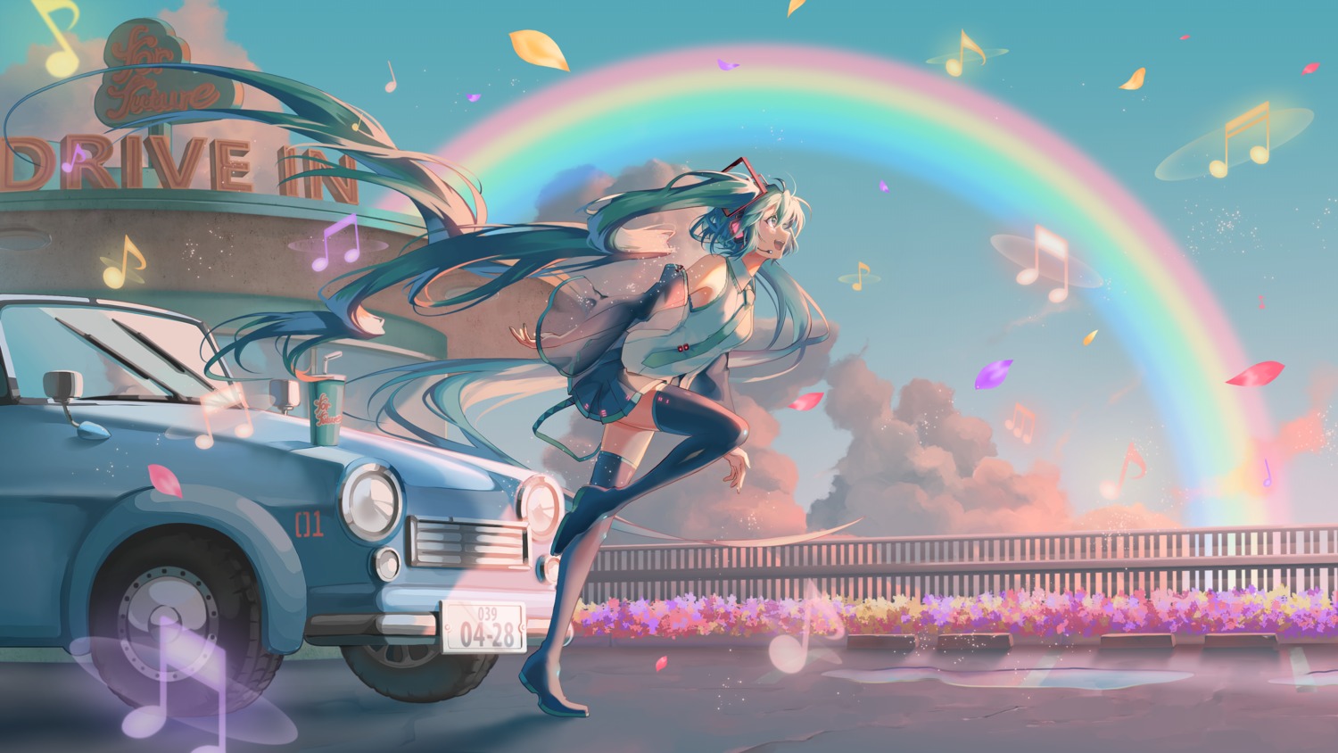 hatsune_miku headphones saihate skirt_lift thighhighs vocaloid