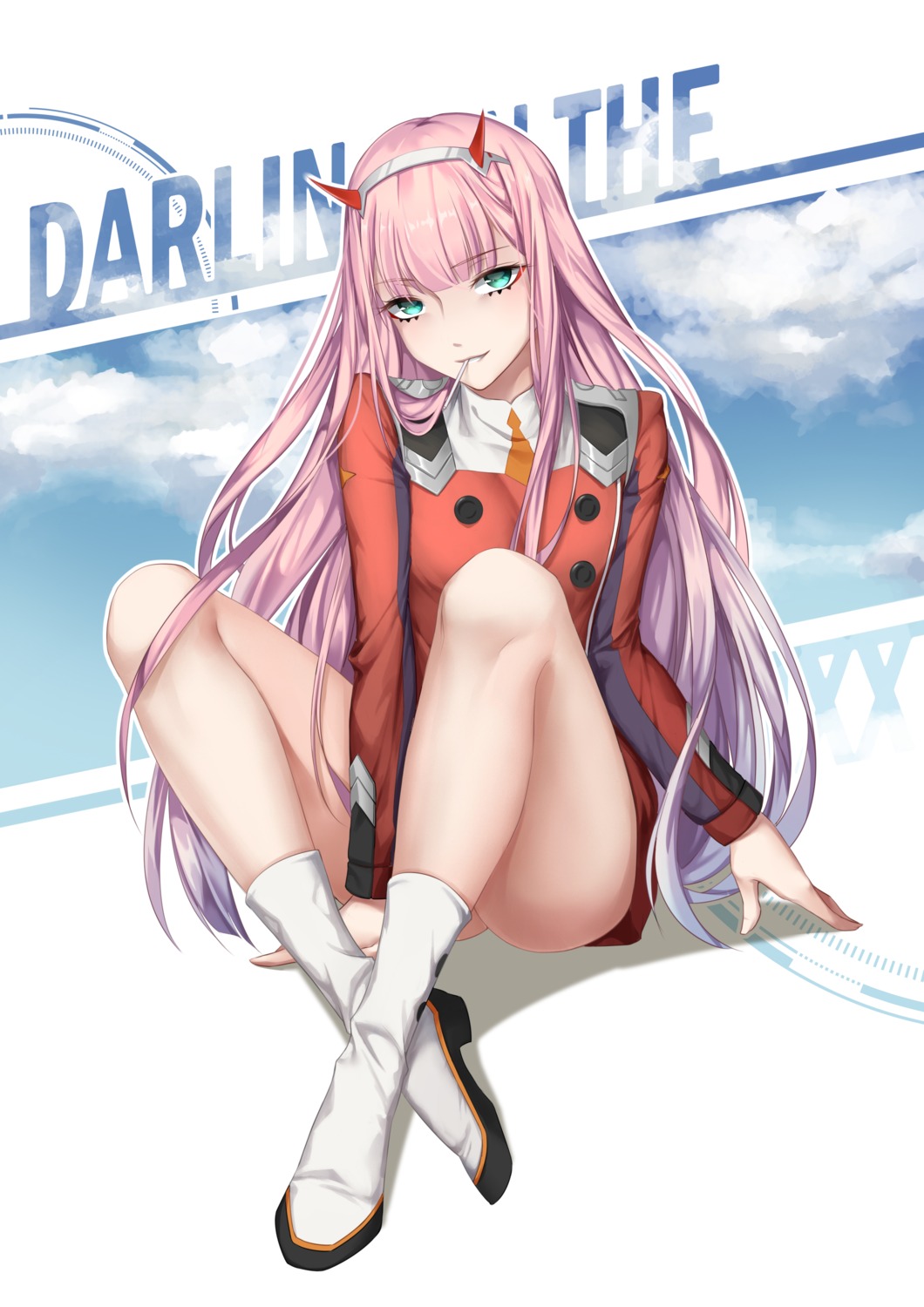 ajio_(pixiv7718798) darling_in_the_franxx heels horns nopan uniform zero_two_(darling_in_the_franxx)