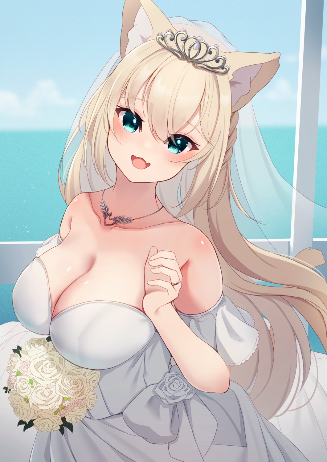 animal_ears dress hinata_(pixiv53862745) nekomimi no_bra see_through tail wedding_dress