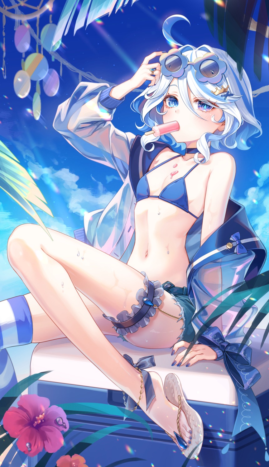 bikini cream furina garter genshin_impact heterochromia karen_(navy_42) megane open_shirt see_through swimsuits thighhighs