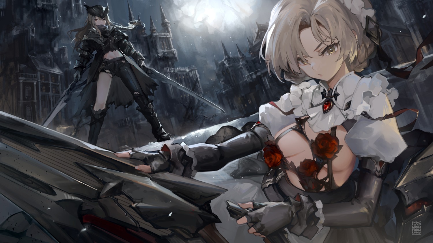 armor azur_lane hunter_(azur_lane) maid no_bra sheffield_(azur_lane) sword torn_clothes wallpaper windforcelan