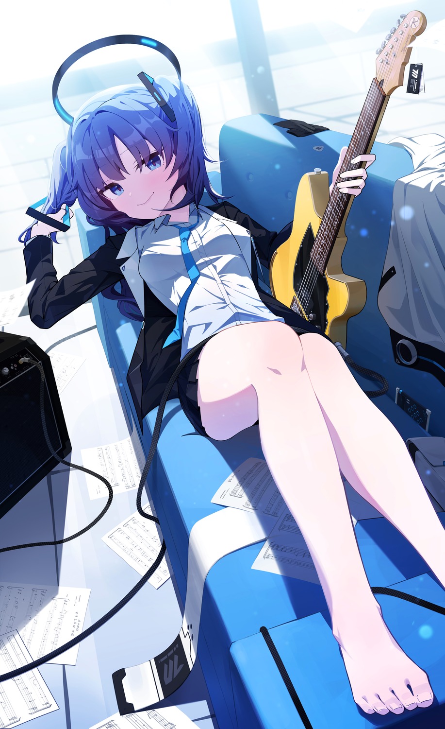 blue_archive feet guitar halo hayase_yuuka nasan_(coldtime) seifuku