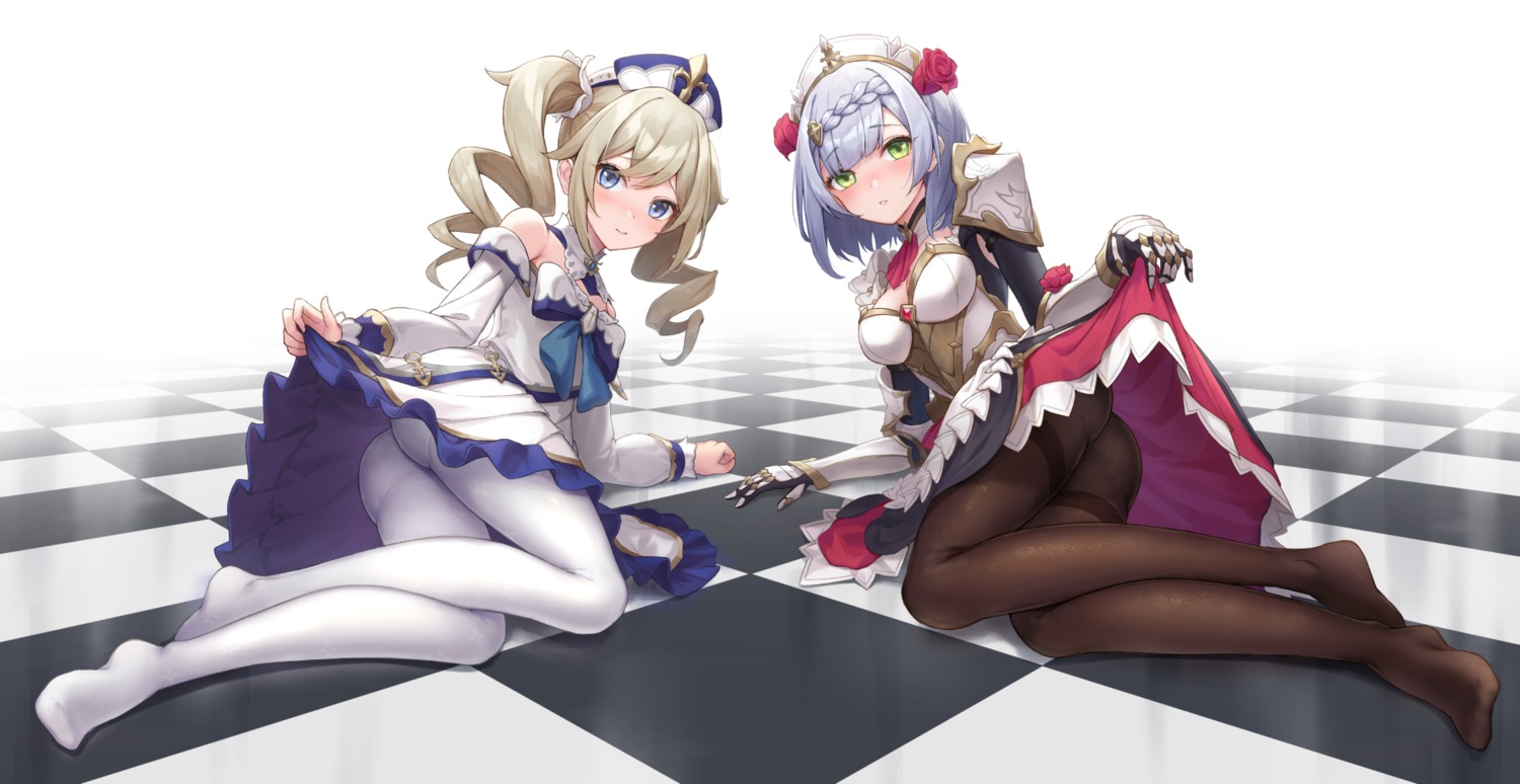 armor barbara_(genshin_impact) feet genshin_impact gohei_(aoi_yuugure) maid noelle_(genshin_impact) pantyhose skirt_lift