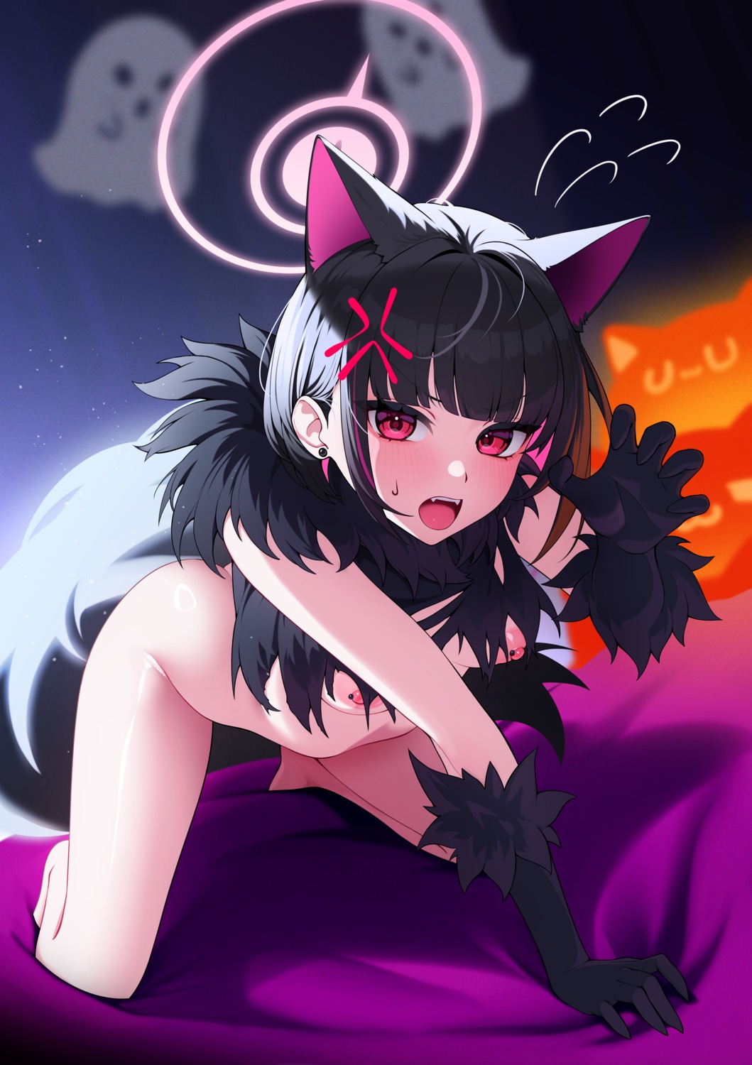 animal_ears blue_archive bottomless breasts ett halloween halo kyouyama_kazusa nekomimi nipple_slip nipples no_bra tail torn_clothes