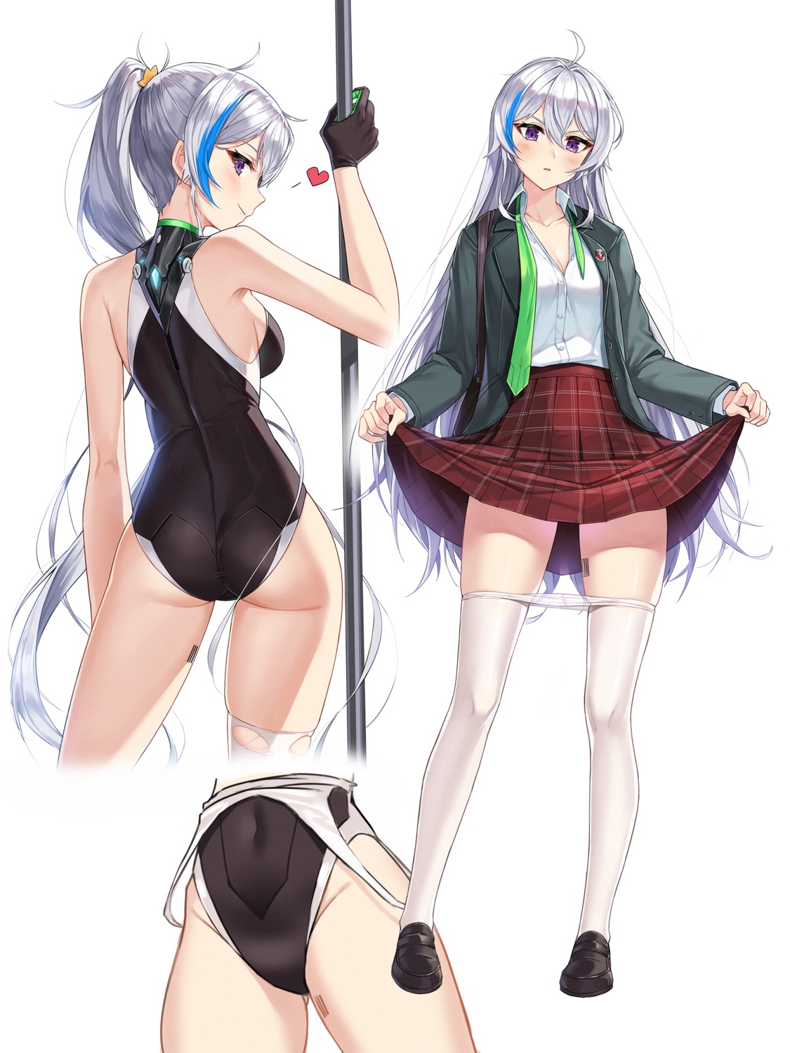 aliceblue ass cleavage open_shirt seifuku skirt_lift soul_worker swimsuits undressing