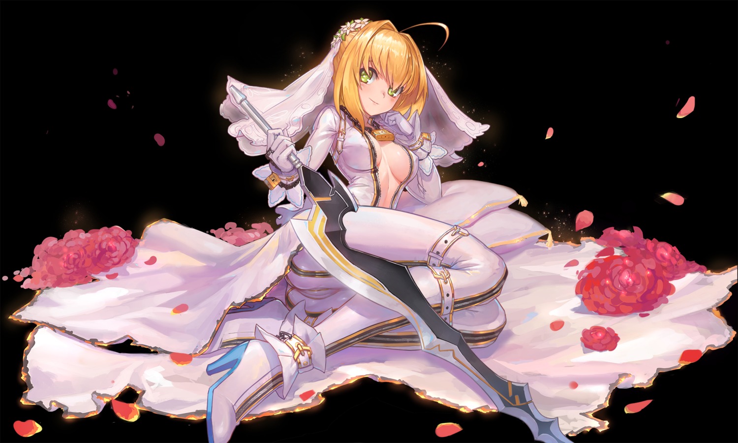 bodysuit cameltoe cleavage duan_henglong fate/extra fate/extra_ccc fate/grand_order fate/stay_night heels no_bra open_shirt saber_bride saber_extra sword