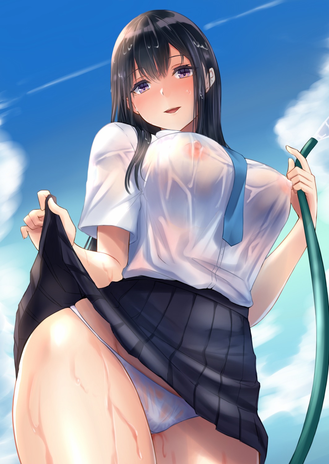 nipples no_bra nyanko_kaitou pantsu see_through seifuku skirt_lift wet wet_clothes