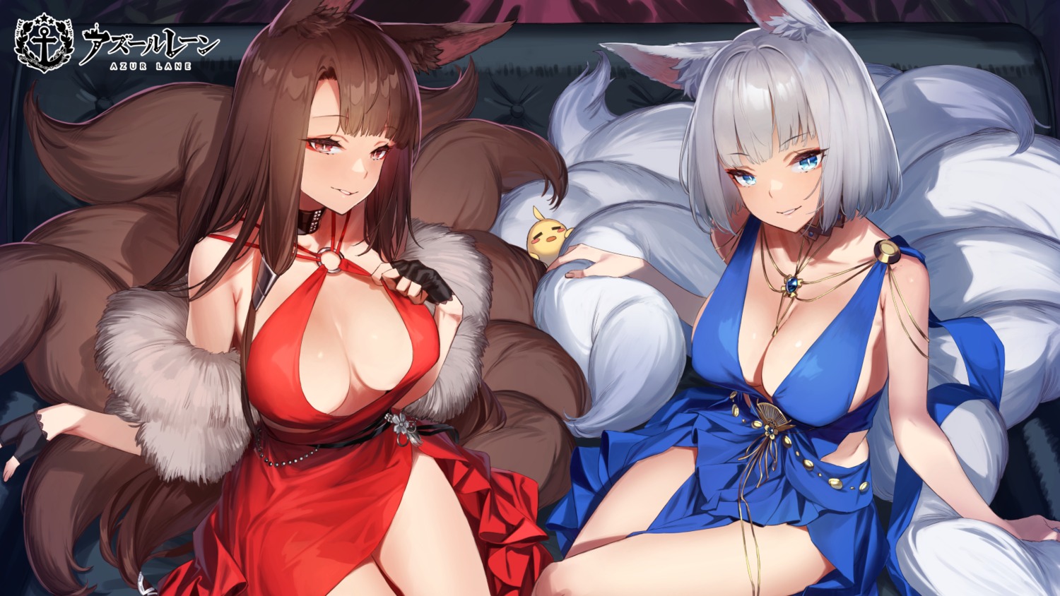 92m akagi_(azur_lane) animal_ears azur_lane dress kaga_(azur_lane) kitsune manjuu_(azur_lane) no_bra skirt_lift tail