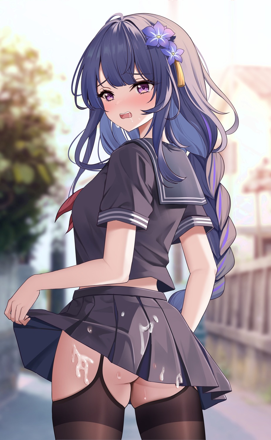 ass cum genshin_impact icwine nopan raiden_shogun seifuku skirt_lift stockings thighhighs