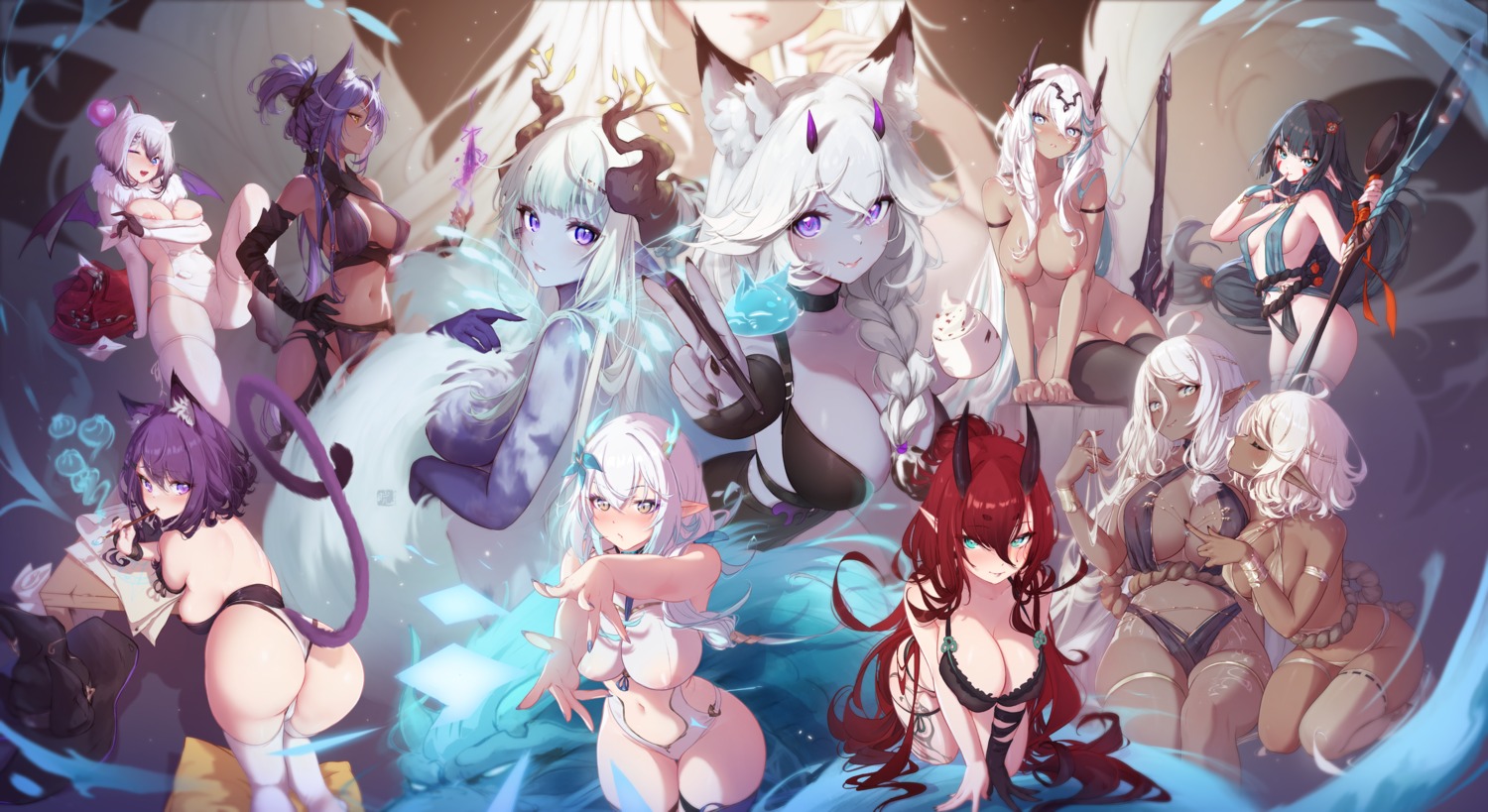 animal_ears ass horns mitsu_(mitsu_art) naked nekomimi nipples no_bra pointy_ears pussy tail thighhighs thong uncensored weapon yuri