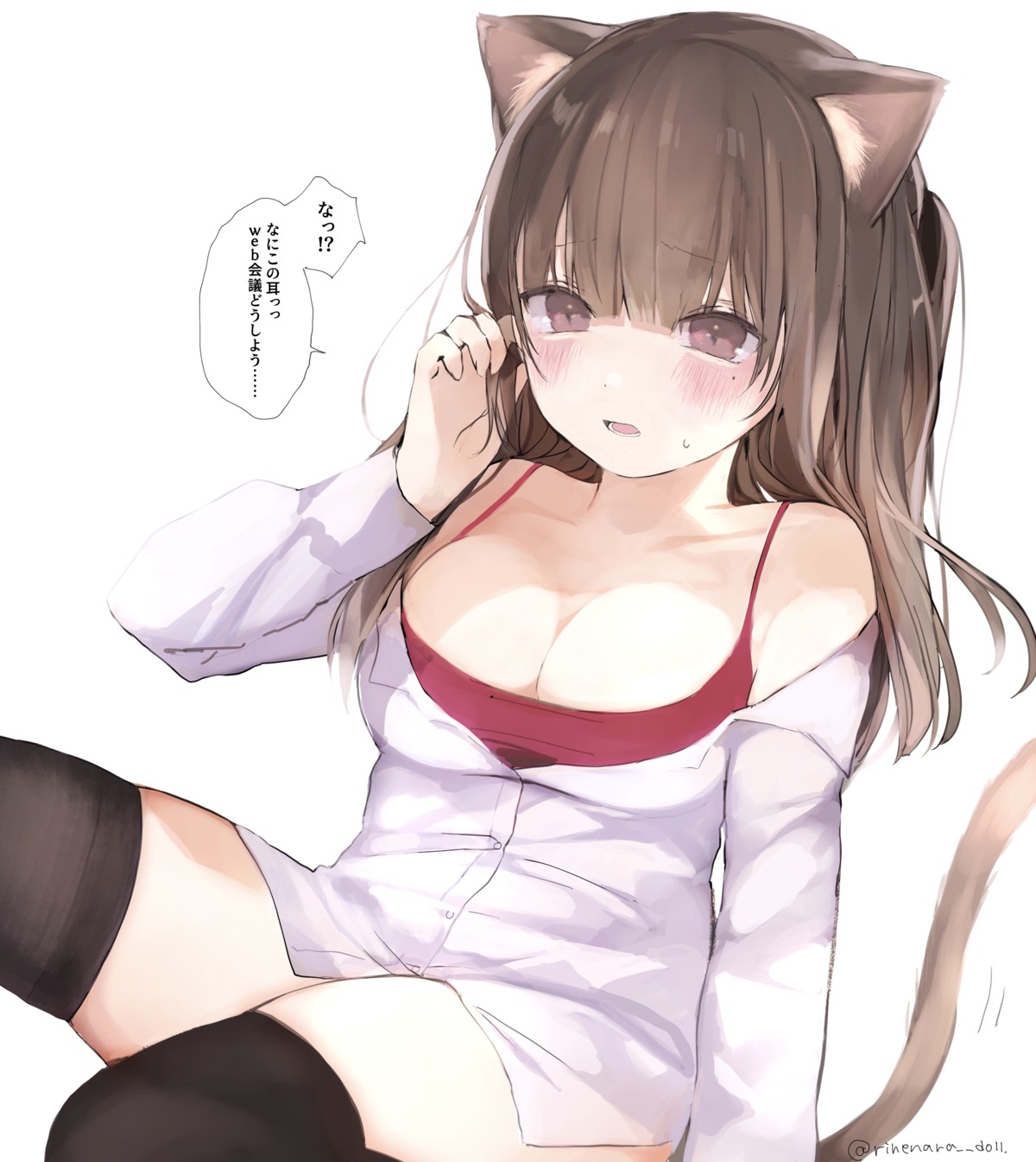 animal_ears bra cleavage dress_shirt nekomimi open_shirt tail thighhighs yukari_(rihenara_doll)