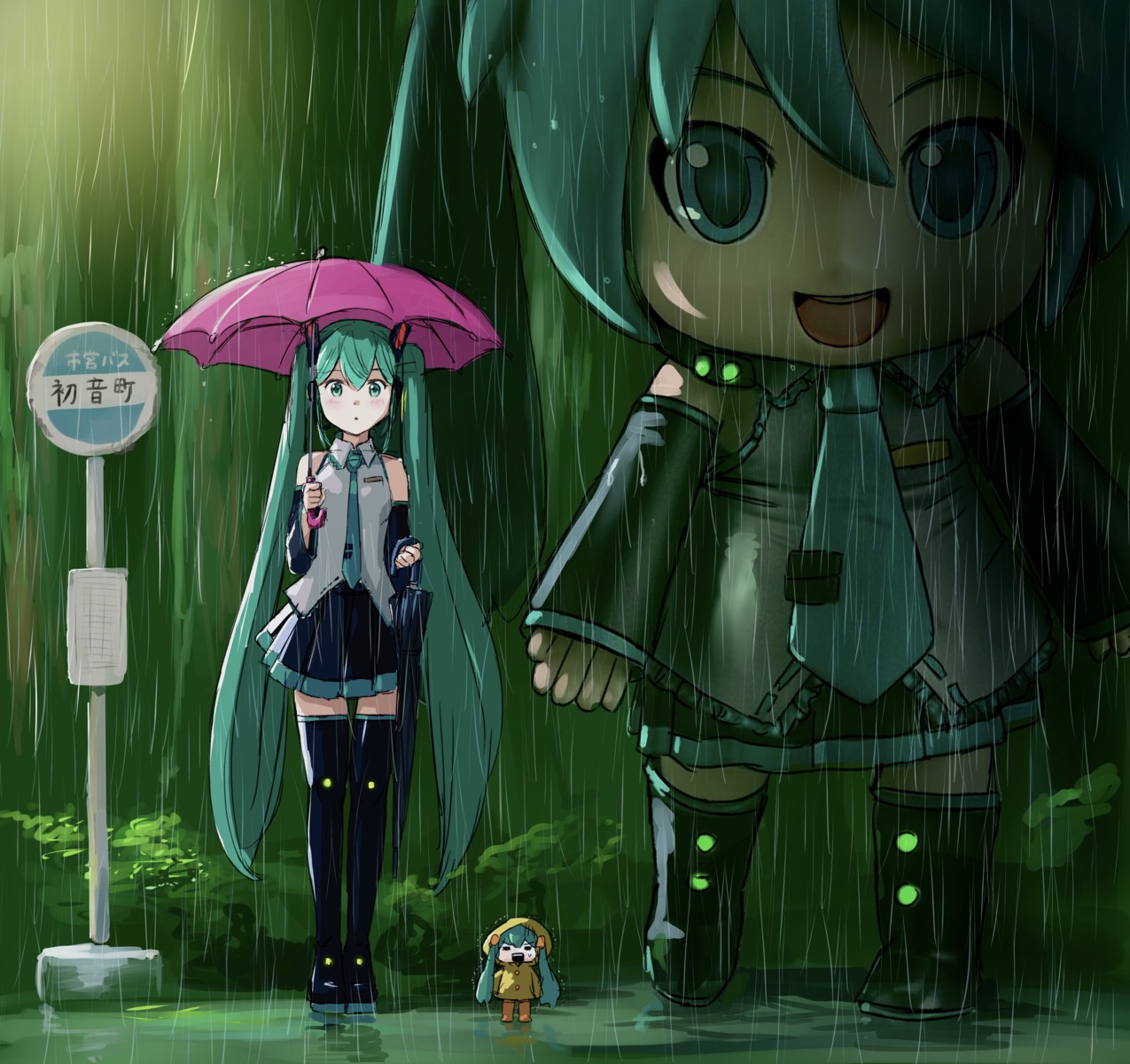 chibi hatsune_miku mayo_riyo parody thighhighs tonari_no_totoro umbrella vocaloid wet