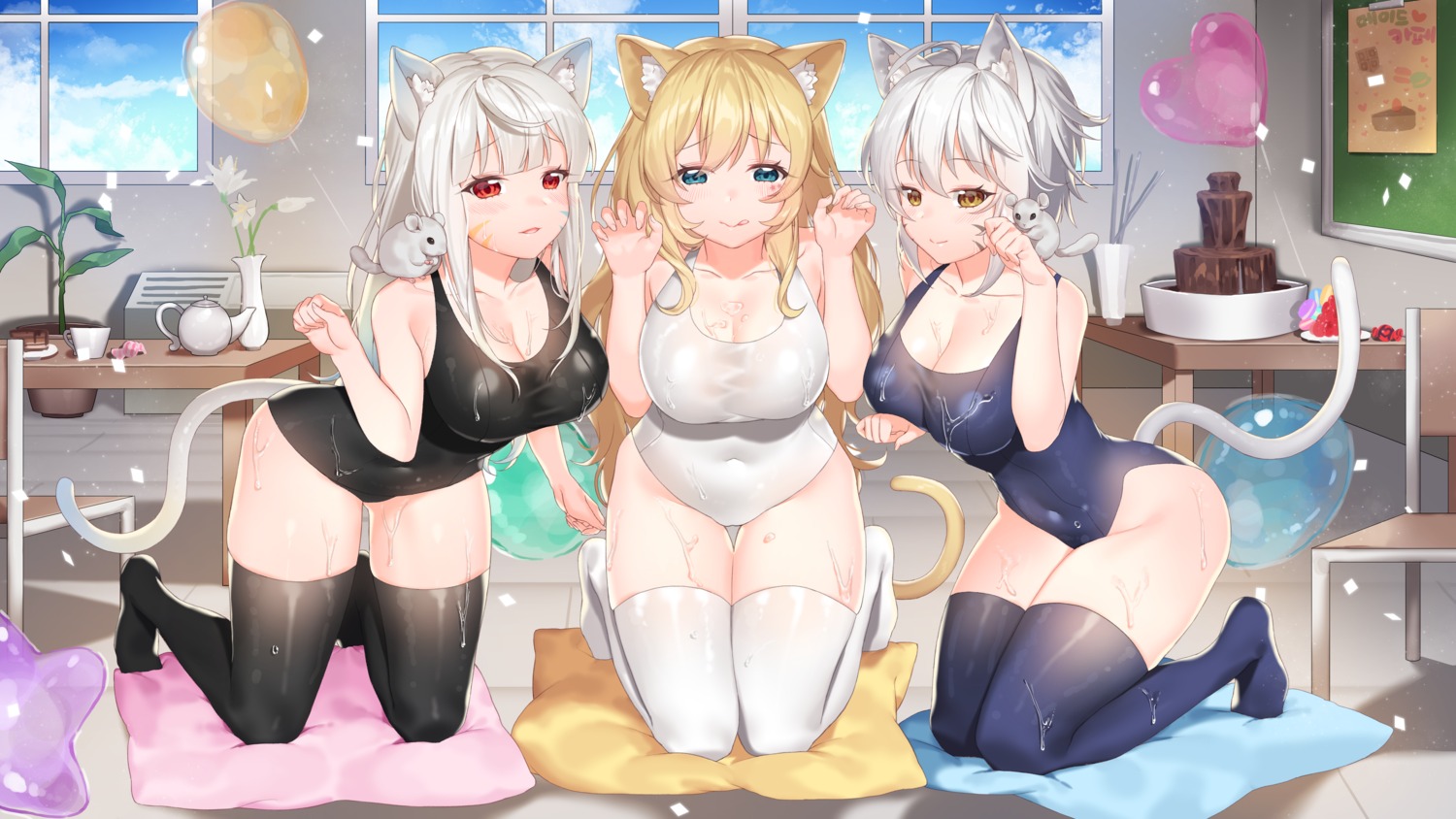 animal_ears cleavage ia_(ias1010) nekomimi see_through swimsuits tail thighhighs wet