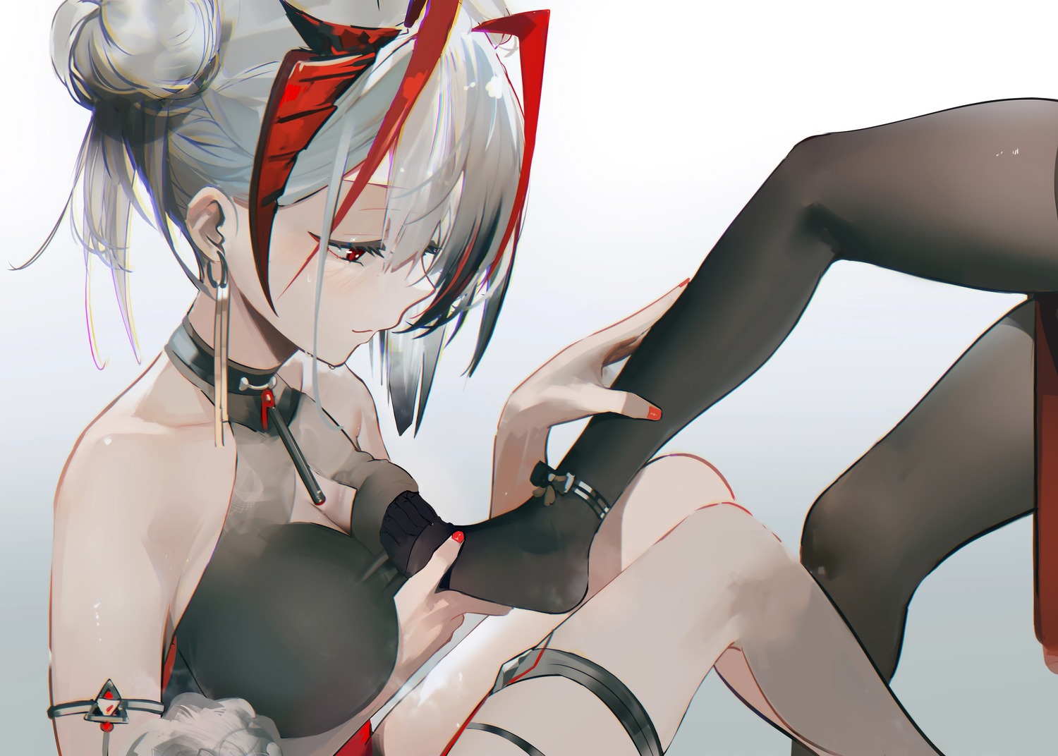 arknights breast_hold cleavage feet garter horns no_bra omone_hokoma_agm see_through w_(arknights)