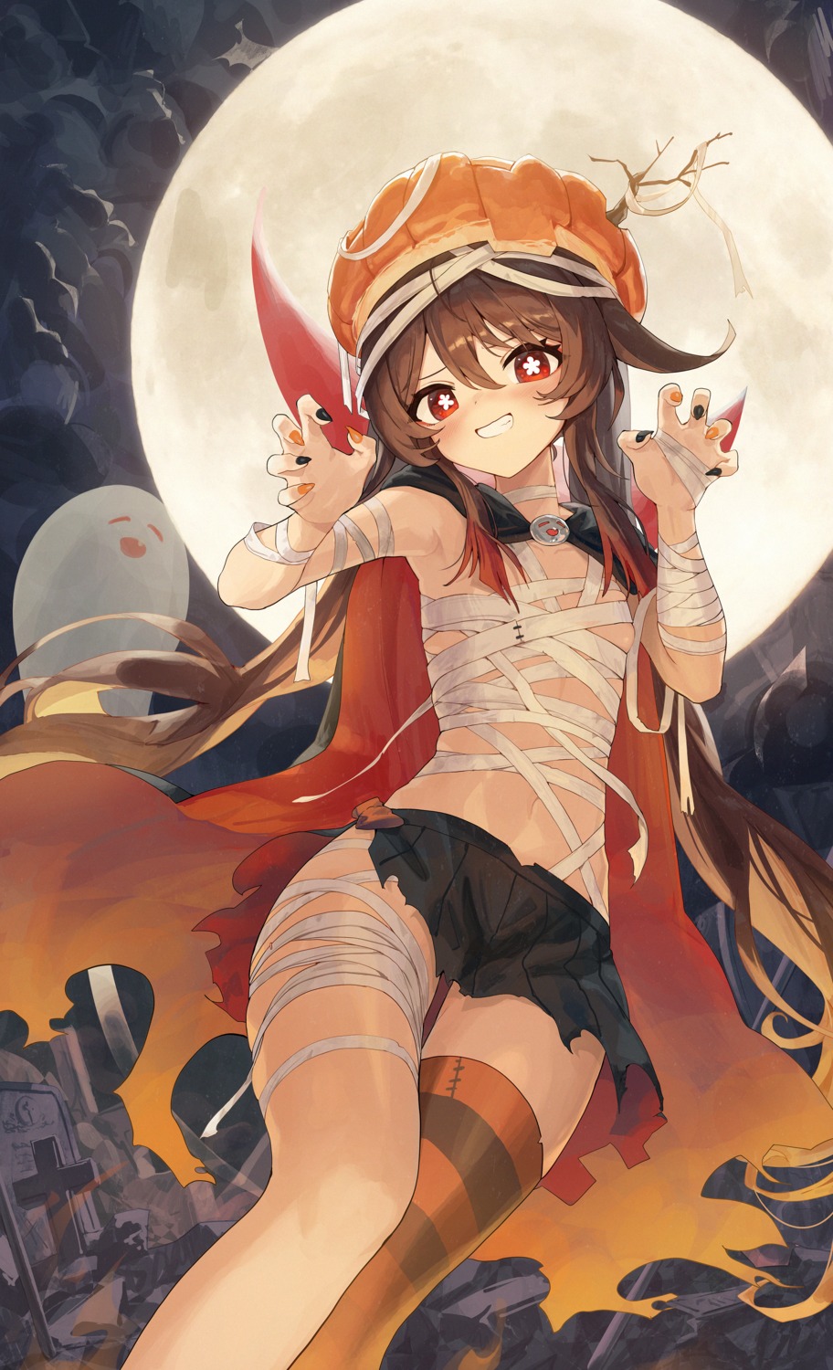 bandages genshin_impact halloween hu_tao no_bra pellas_(panix2383) thighhighs torn_clothes