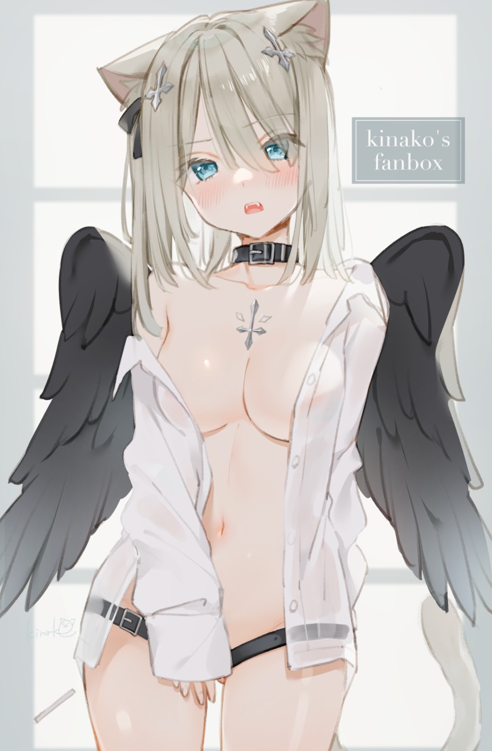 animal_ears bottomless dress_shirt kinako_(shiratama_mochi) nekomimi no_bra open_shirt see_through tail wings