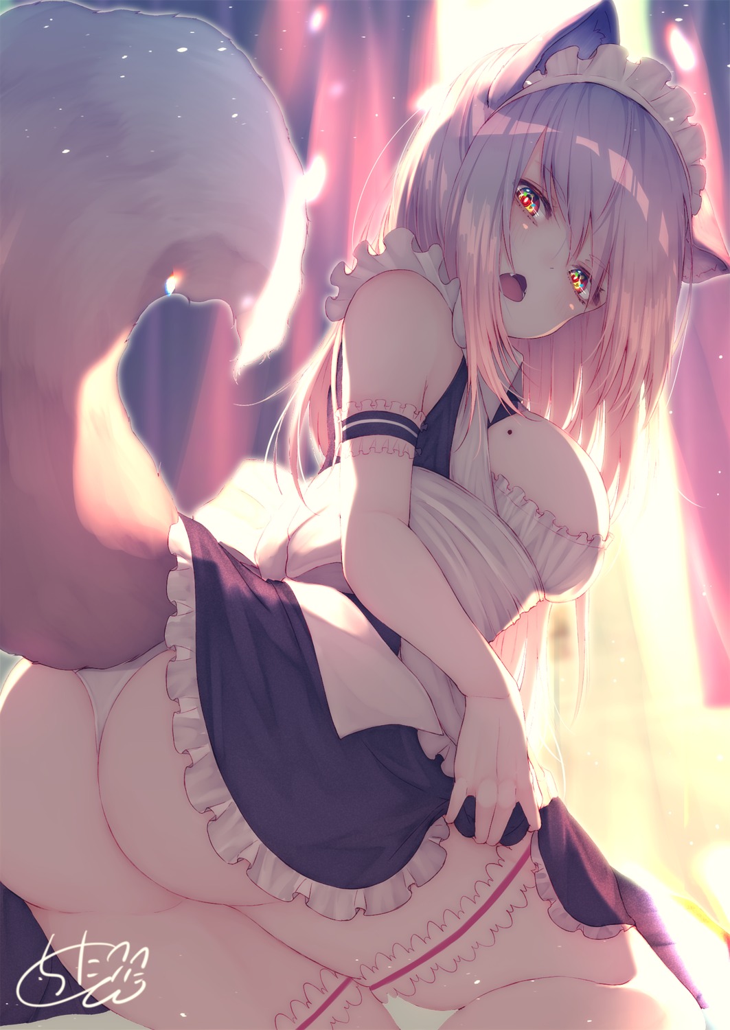 animal_ears ass chita_(ketchup) maid pantsu skirt_lift tail thighhighs thong wardrobe_malfunction