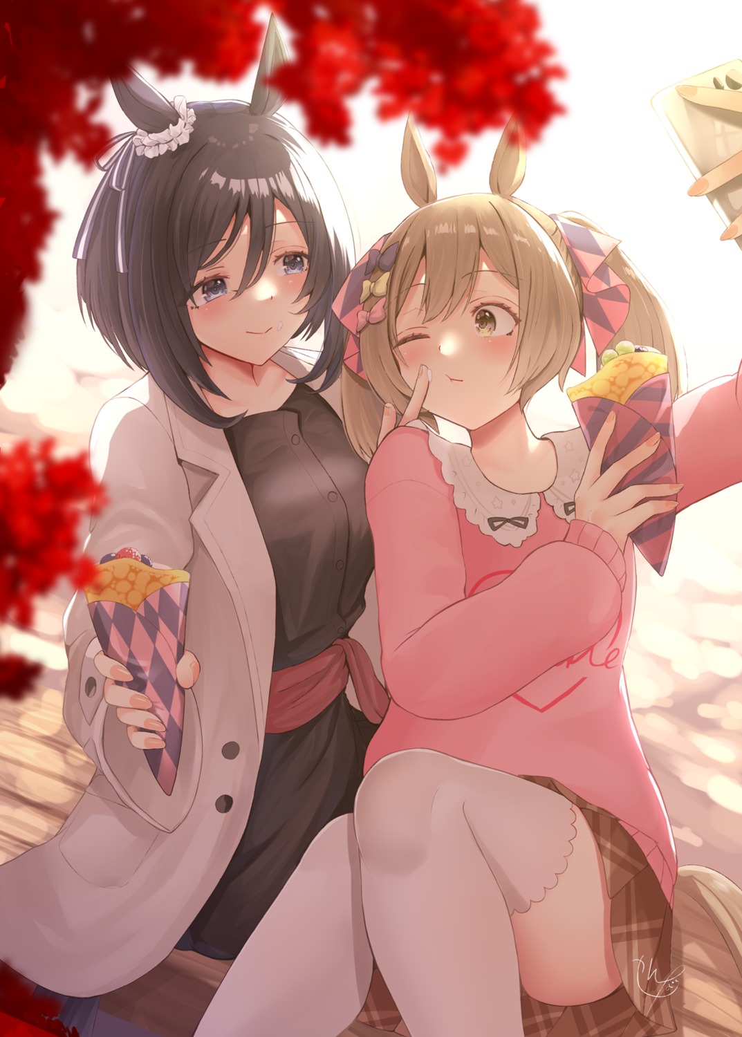 animal_ears cream narushima_kanna skirt_lift sweater thighhighs yuri