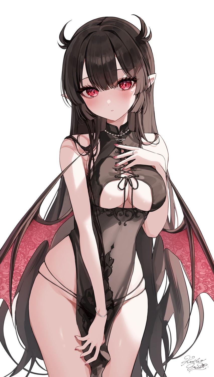 breasts devil dress kudou_eru no_bra open_shirt pantsu pointy_ears see_through string_panties wings