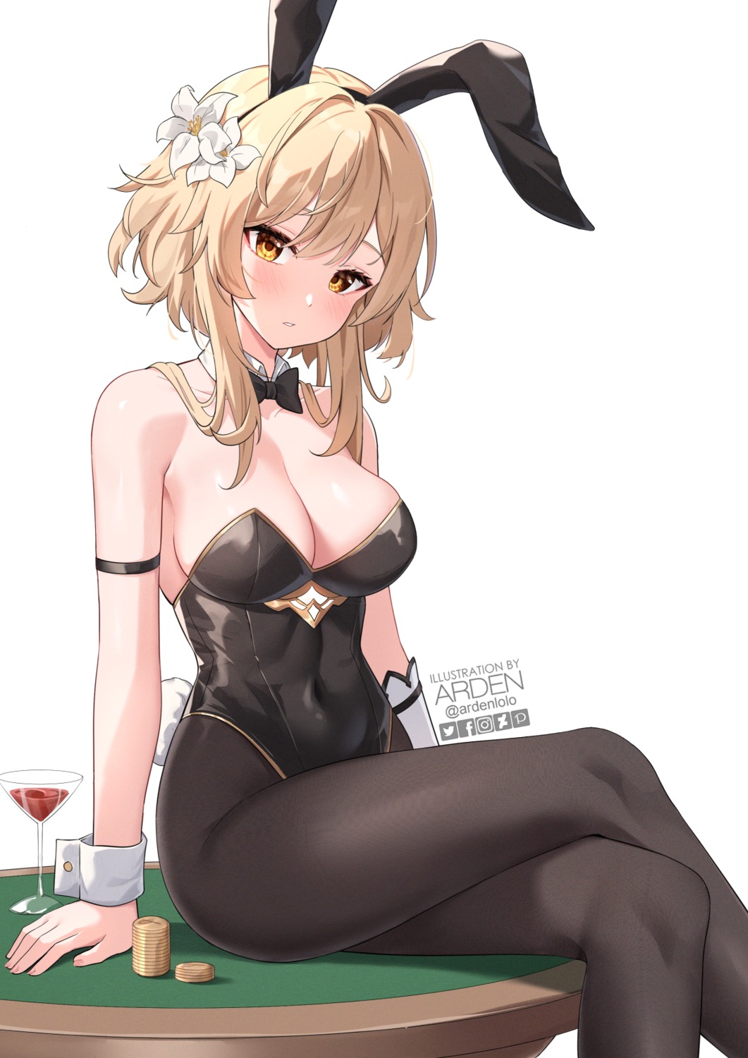 animal_ears ardenlolo bunny_ears bunny_girl genshin_impact lumine no_bra pantyhose tail