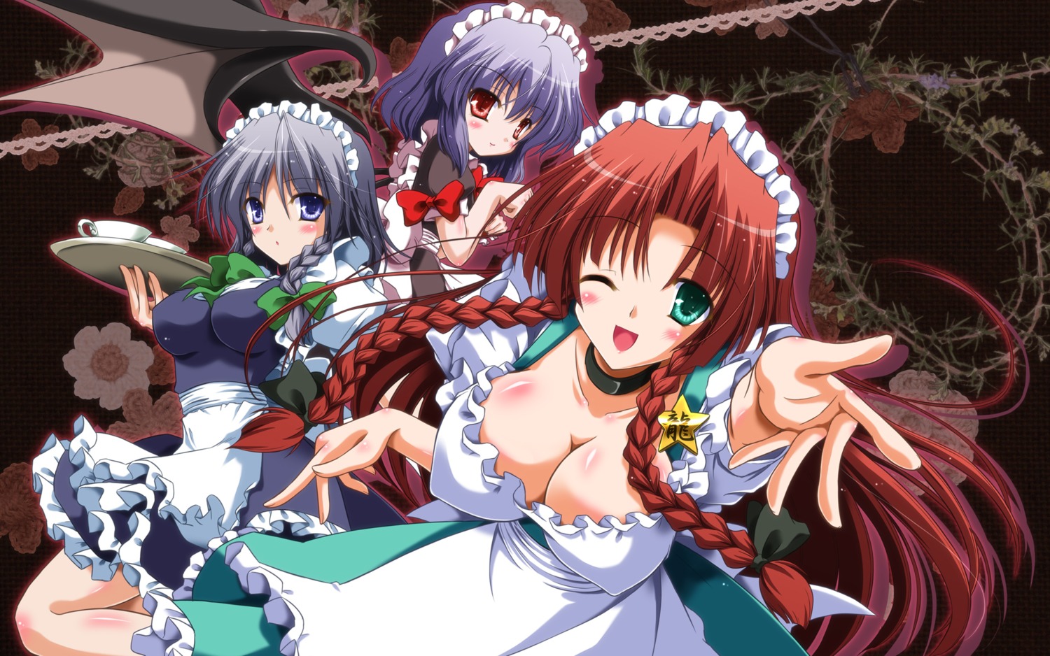 cleavage erect_nipples hong_meiling izayoi_sakuya maid remilia_scarlet touhou wallpaper wings yamu