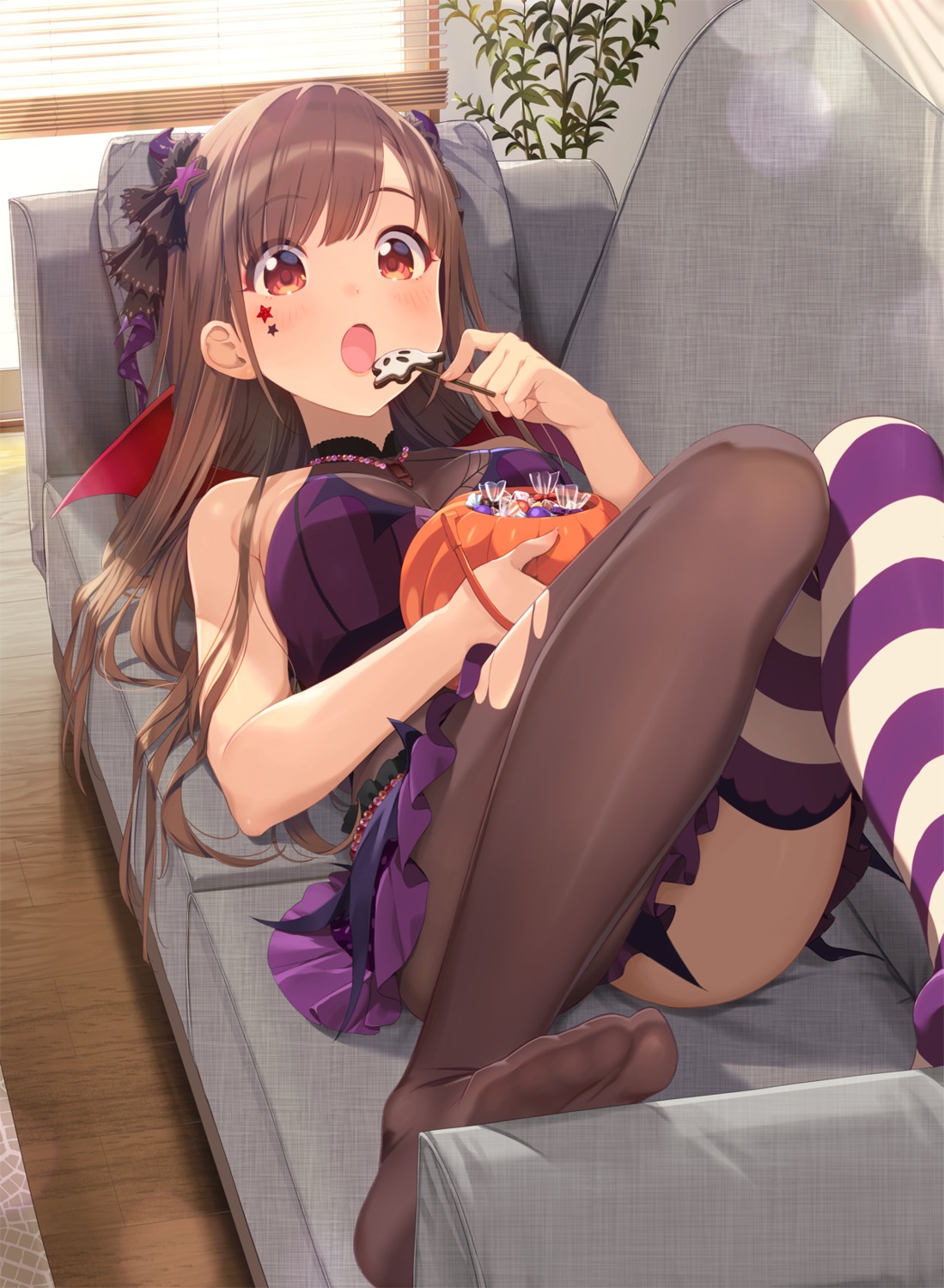 cleavage feet halloween joey_koguma pantyhose see_through skirt_lift sonoda_chiyoko the_idolm@ster the_idolm@ster_shiny_colors thighhighs torn_clothes