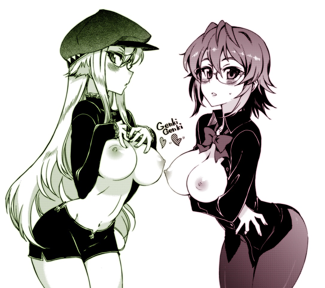 breast_hold breasts kusanagi_tonbo megane monochrome nipples open_shirt pantyhose