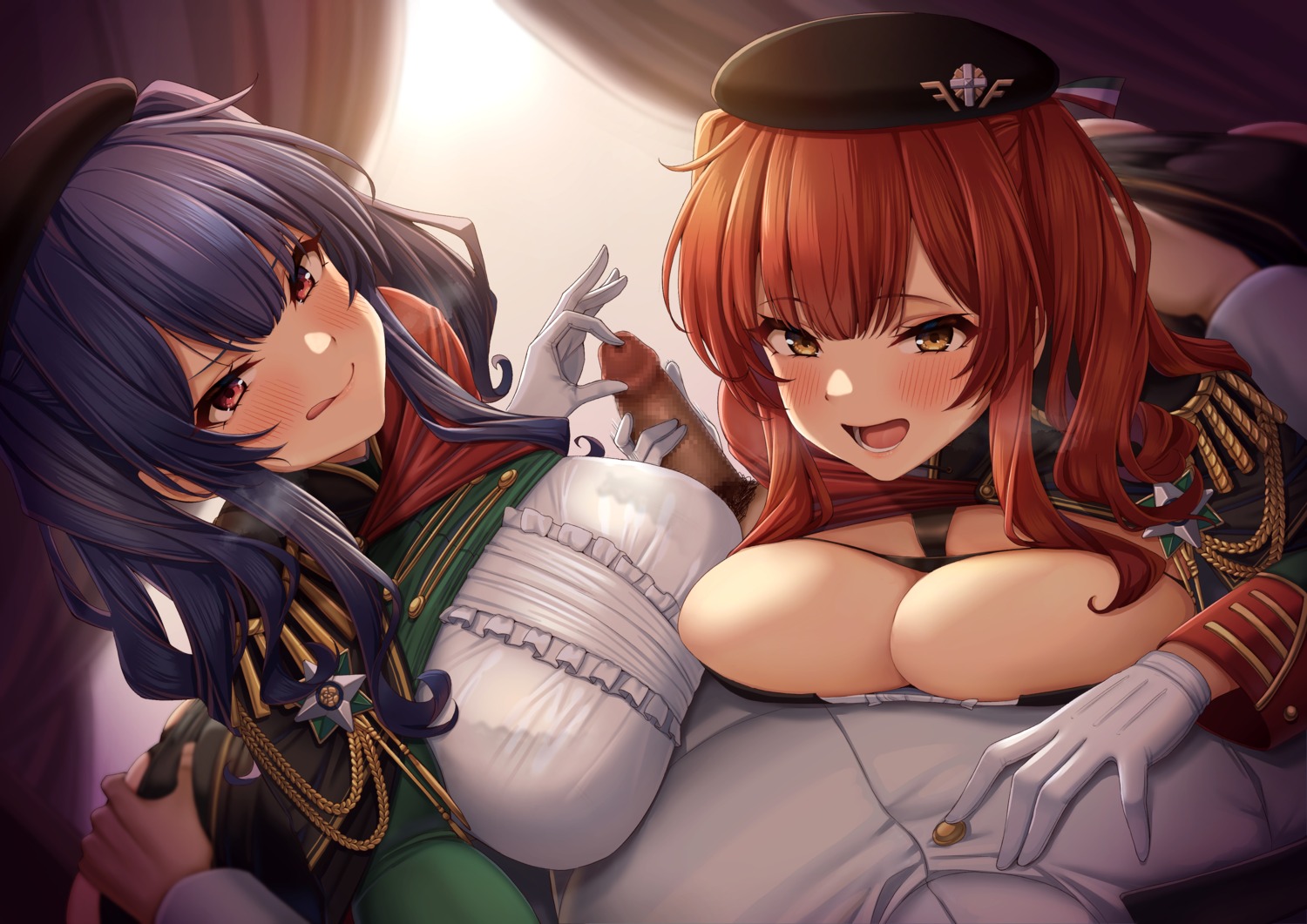 azur_lane bra breasts censored handjob momo_no_sukebe no_bra penis pola_(azur_lane) see_through uniform zara_(azur_lane)