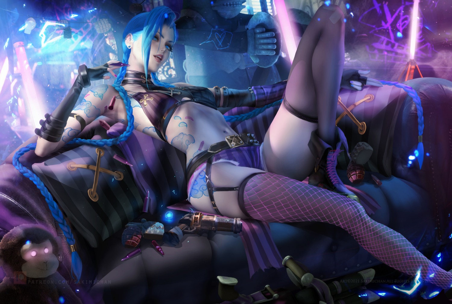 bra fishnets jinx league_of_legends sakimichan stockings tattoo thighhighs