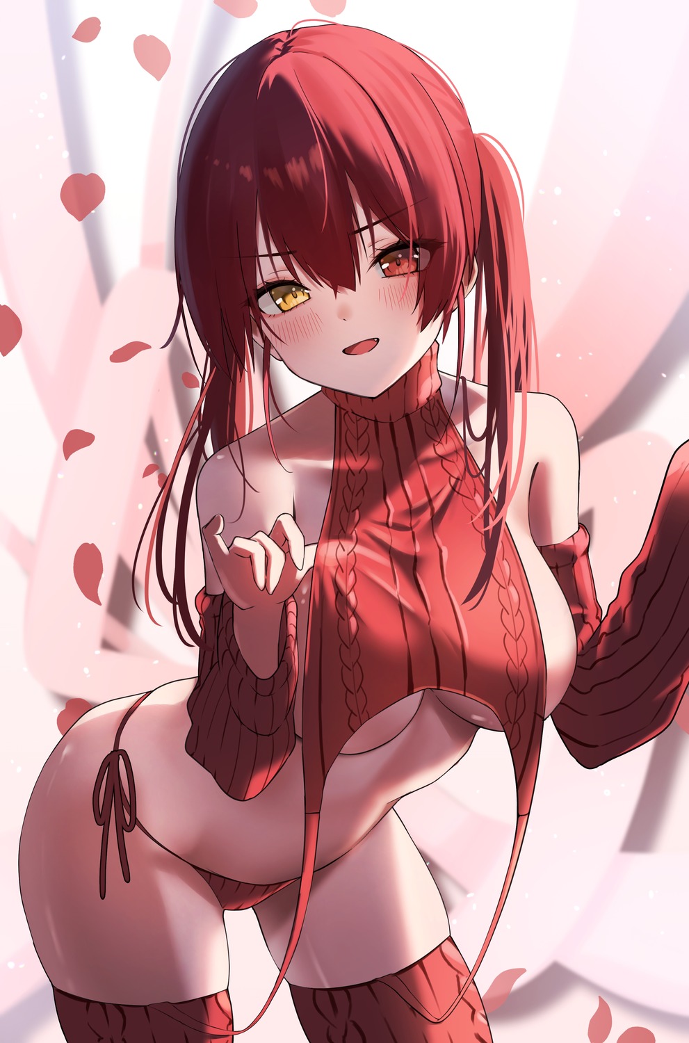 heterochromia hololive houshou_marine nisi_ki_no no_bra pantsu stockings string_panties sweater thighhighs thong