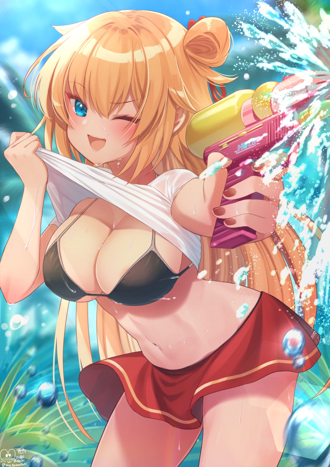 akai_haato bikini gun hololive magowasabi shirt_lift skirt_lift swimsuits undressing wet wet_clothes