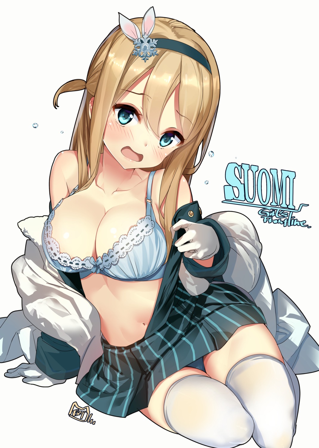 bra cleavage girls_frontline open_shirt pantsu suomi_kp31_(girls_frontline) thighhighs undressing yamacchi