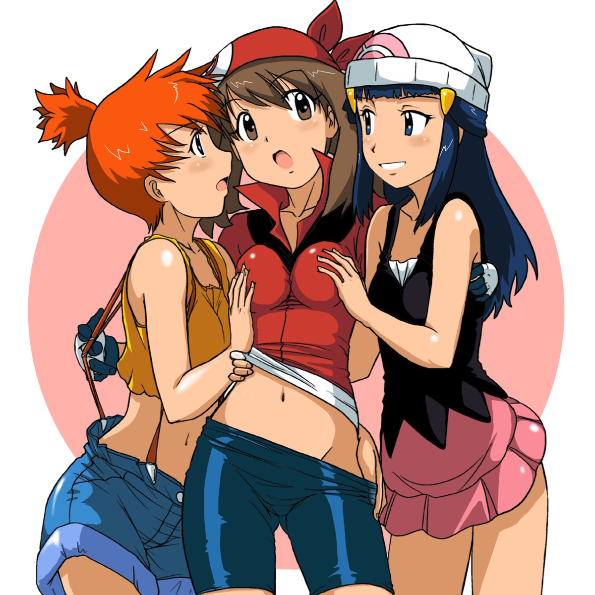 bike_shorts breast_grab haruka_(pokemon) hikari_(pokemon) kakki kasumi_(pokemon) pokemon pokemon_bdsp pokemon_dppt yuri