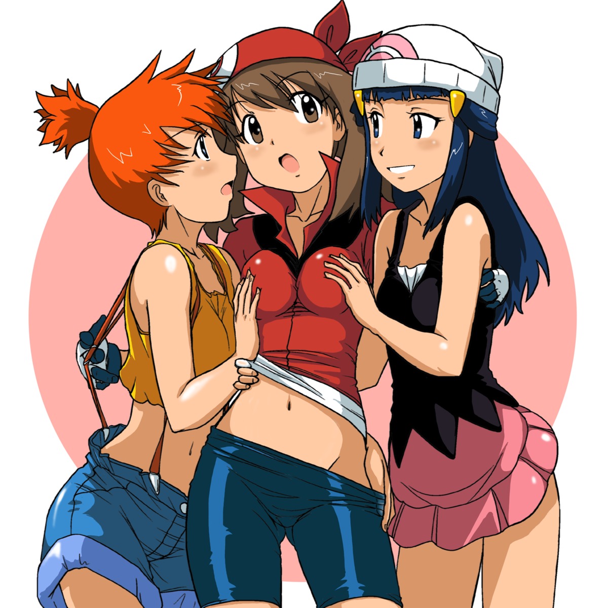 bike_shorts breast_grab haruka_(pokemon) hikari_(pokemon) kakki kasumi_(pokemon) pokemon pokemon_bdsp pokemon_dppt pokemon_frlg pokemon_oras pokemon_rgby pokemon_rse yuri