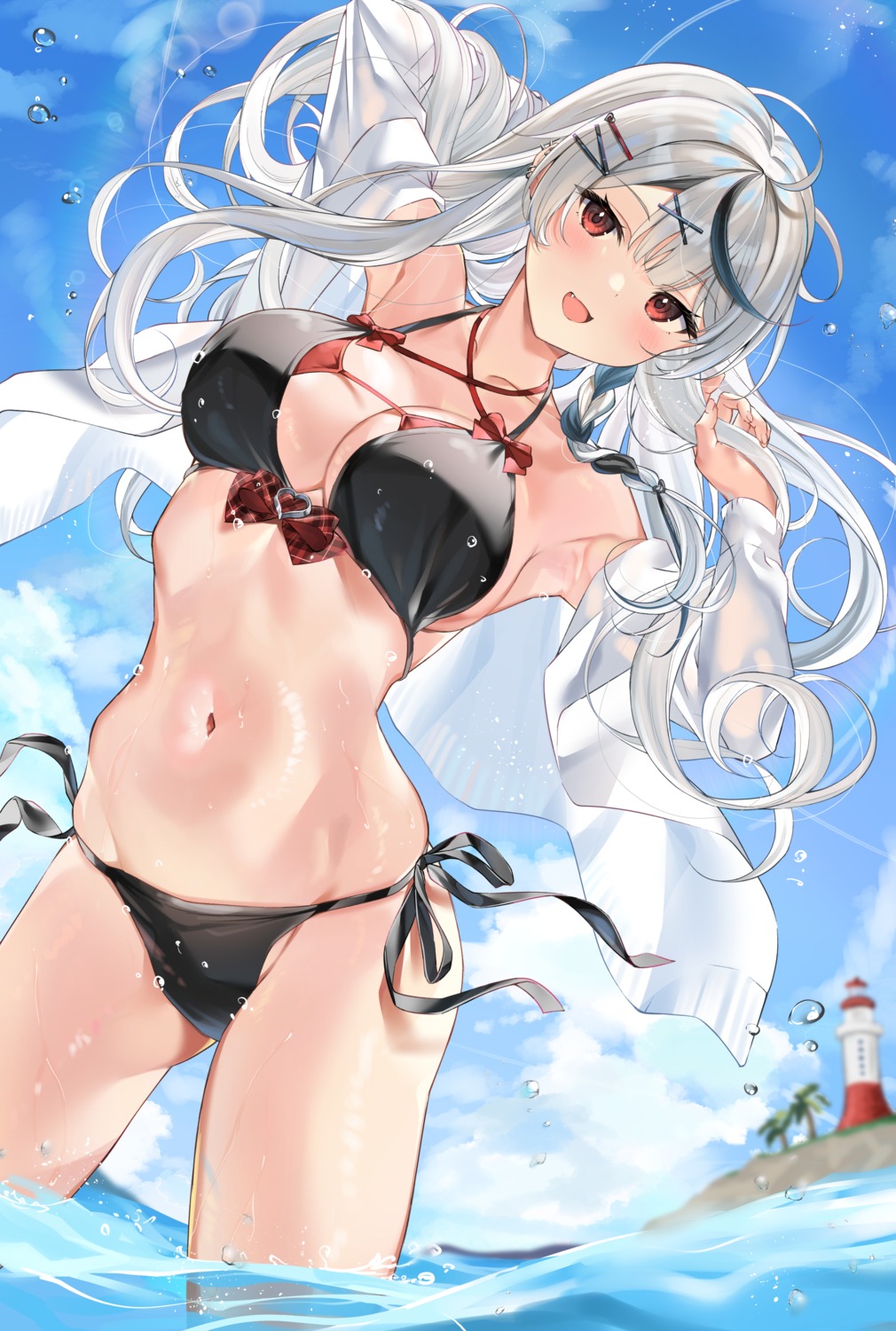 bikini bochibochi_(gyuuniku_6000) hololive open_shirt sakamata_chloe see_through swimsuits wet