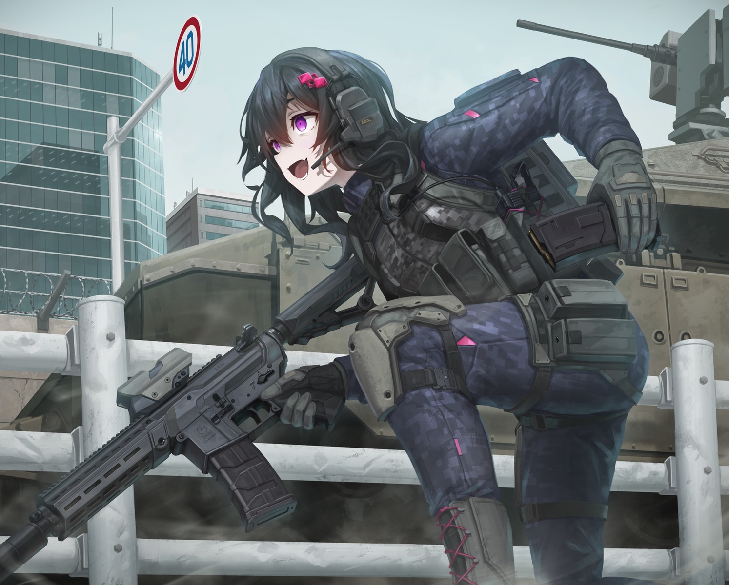 armor garter gun headphones tom-neko_(zamudo_akiyuki) uniform