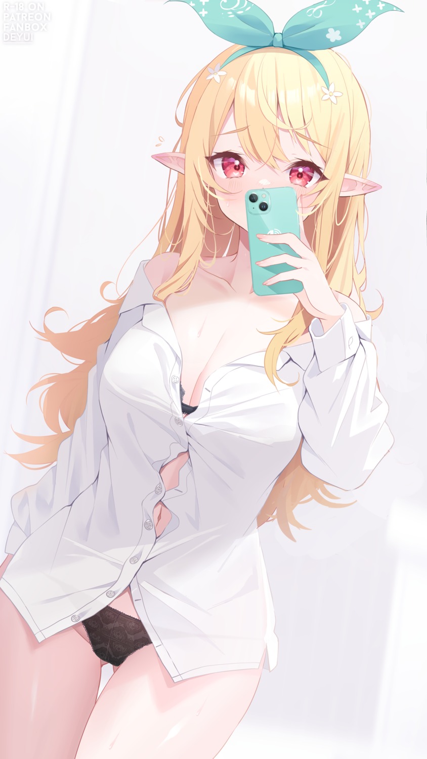 bra deyui dress_shirt nijisanji nijisanji_en pantsu pointy_ears pomu_rainpuff selfie