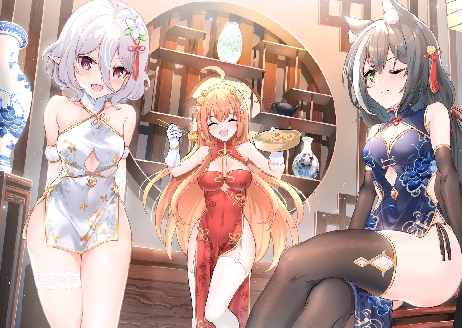 animal_ears chinadress karyl_(princess_connect) kokkoro nekomimi pantsu pecorine pointy_ears princess_connect princess_connect!_re:dive string_panties thighhighs xin_(zinc)