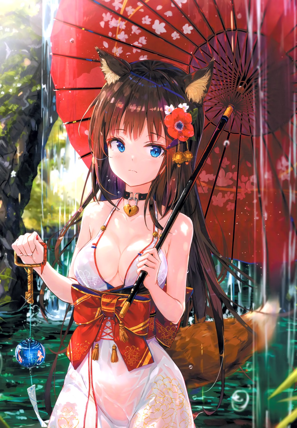 animal_ears dress japanese_clothes kankitsu_shoujo kitsune na_kyo no_bra nopan see_through tail umbrella wet wet_clothes