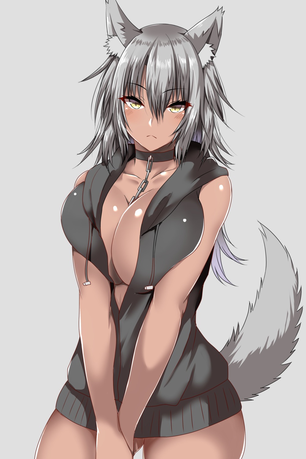 animal_ears ar_(lover_boy) breast_hold cleavage no_bra open_shirt sweater tail