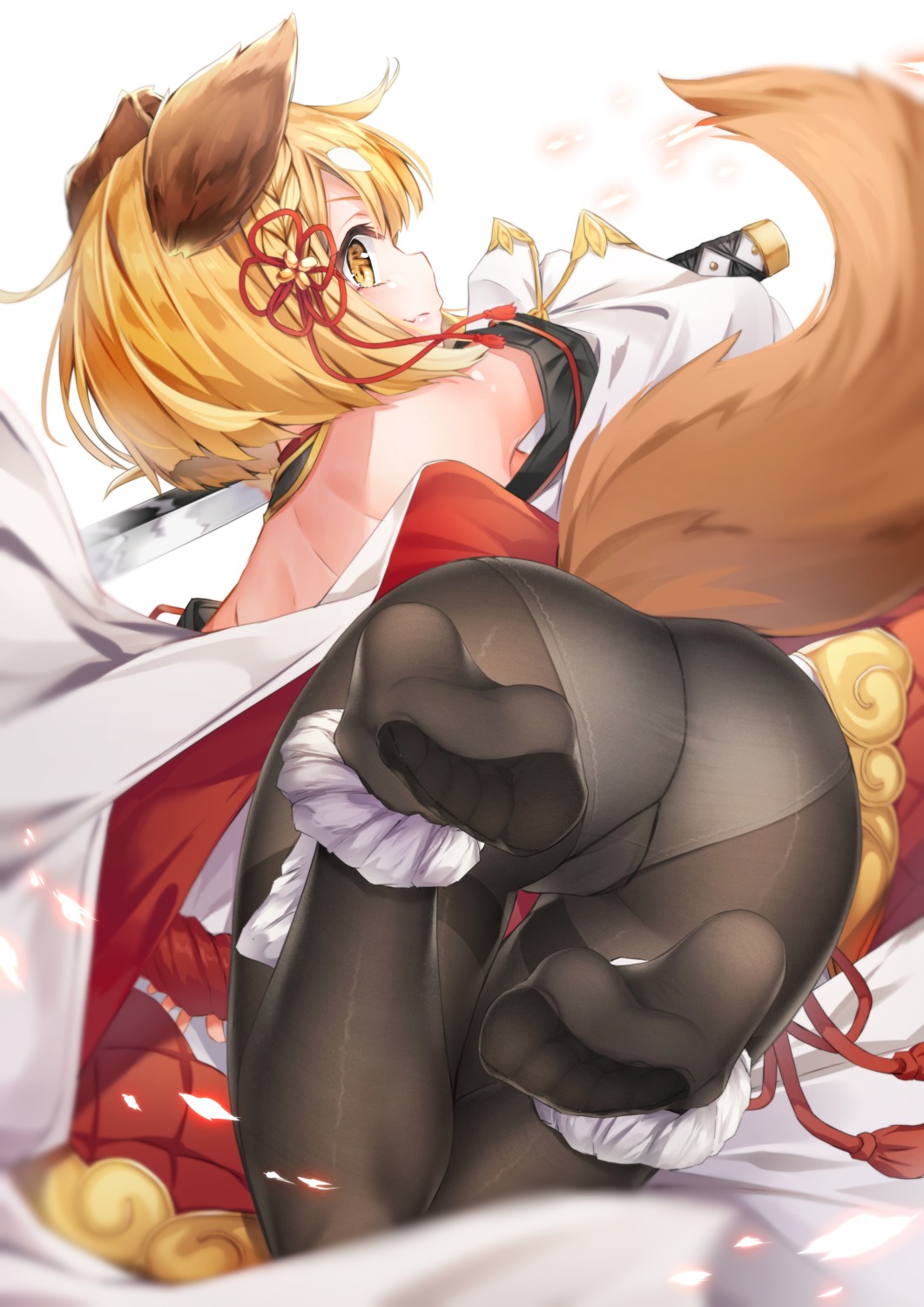 animal_ears ass feet granblue_fantasy hyouta_(yoneya) inumimi japanese_clothes no_bra pantsu pantyhose skirt_lift tail vajra_(granblue_fantasy)