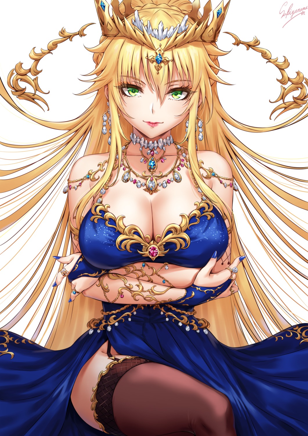 artoria_pendragon_(lancer) breast_hold dress fate/grand_order no_bra nopan sakiyamama skirt_lift stockings thighhighs